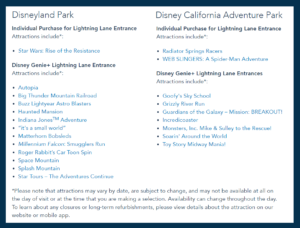 Disneyland Lightning Lane Ride List