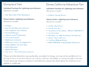 Disneyland Lightning Lane Ride List