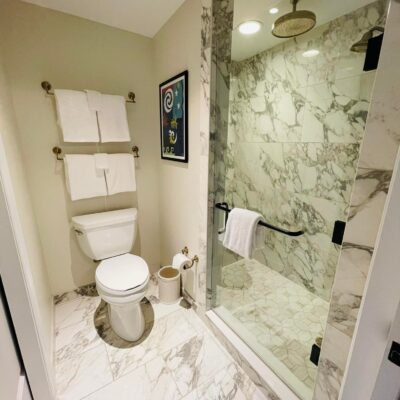 Bathroom with Walk-In Shower in Deluxe Studio at Disney's Riviera Resort