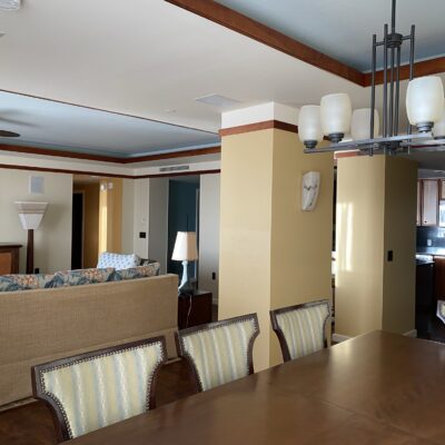 Living, Dining and Kitchen in a Three-Bedroom Grand Villa at Aulani, a Disney Resort and Spa